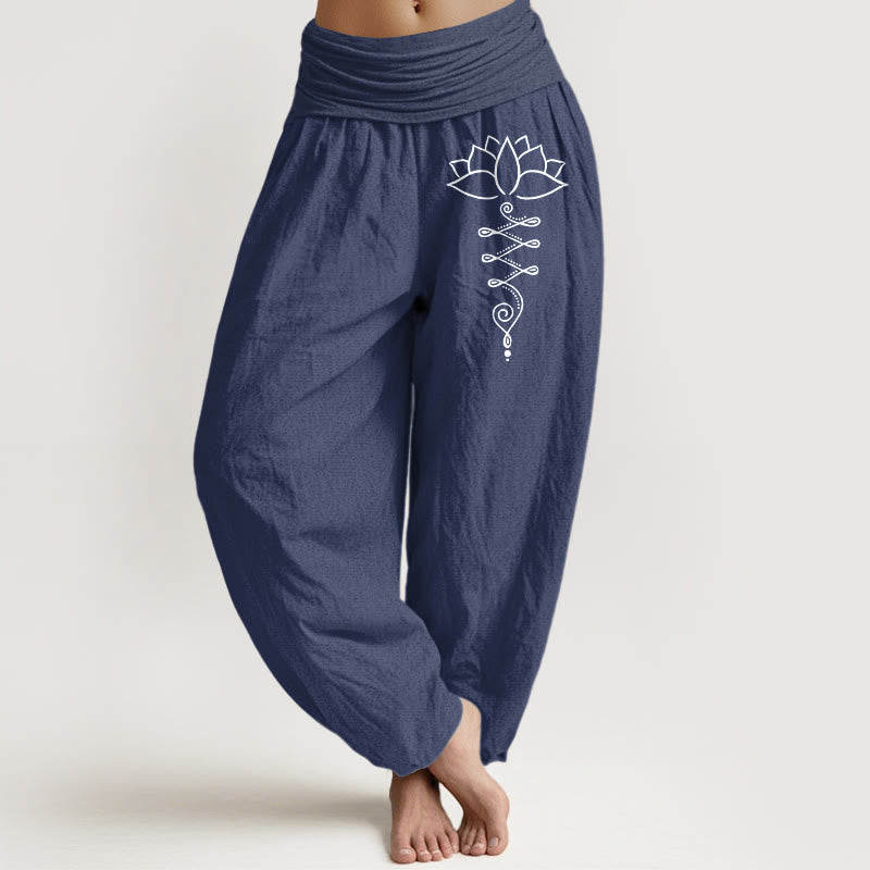 Nimara Ritual Unalome Symbol Lotus Flower Pattern Women's Elastic Waist Harem Cotton Pants