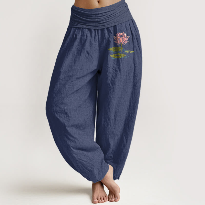 Nimara Ritual Pure Cotton Lotus Flower Leaves Pattern Women's Elastic Waist Harem Pants
