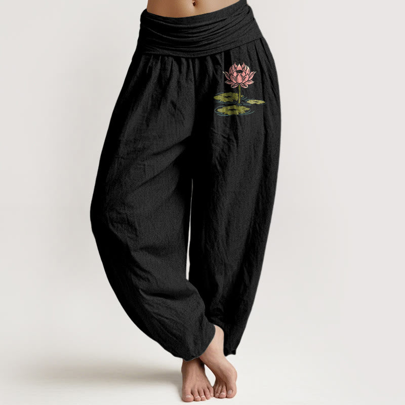 Nimara Ritual Pure Cotton Lotus Flower Leaves Pattern Women's Elastic Waist Harem Pants