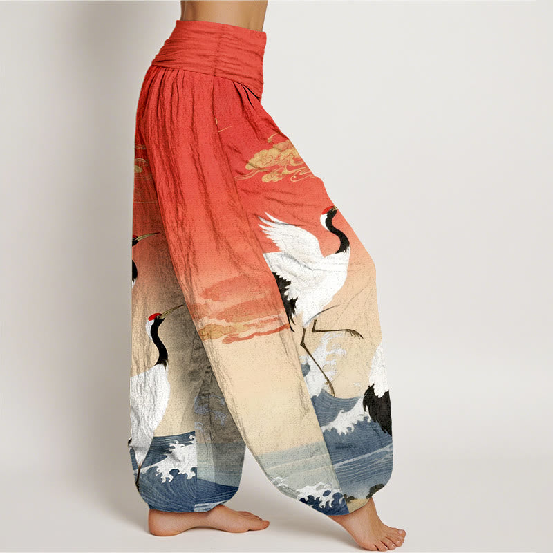 Nimara Ritual Pure Cotton Cranes Auspicious Clouds Ocean Women's Elastic Waist Harem Pants