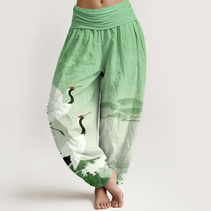 Nimara Ritual Pure Cotton Cranes Auspicious Clouds Ocean Women's Elastic Waist Harem Pants