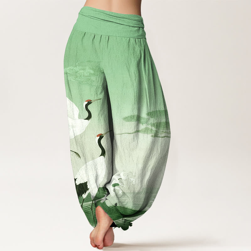 Nimara Ritual Pure Cotton Cranes Auspicious Clouds Ocean Women's Elastic Waist Harem Pants