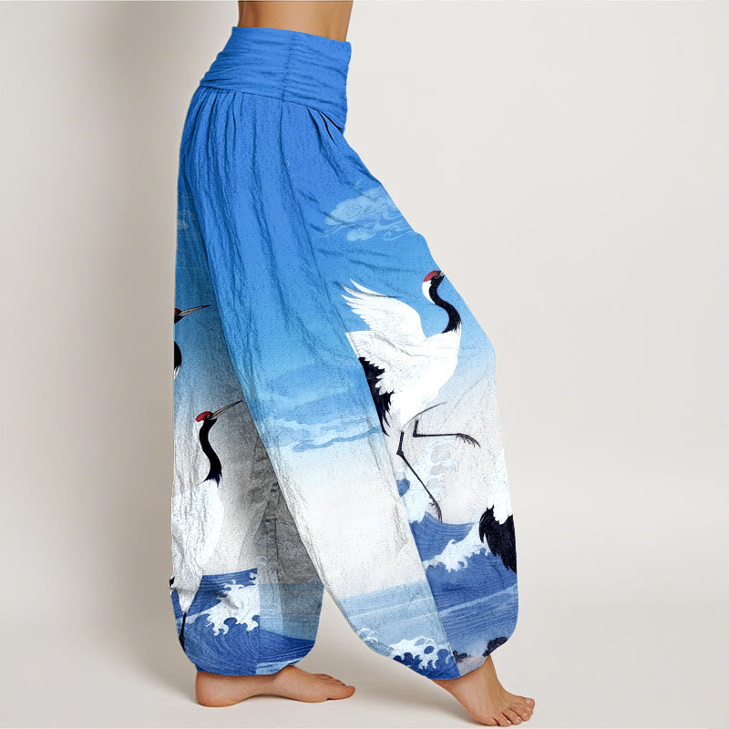 Nimara Ritual Pure Cotton Cranes Auspicious Clouds Ocean Women's Elastic Waist Harem Pants