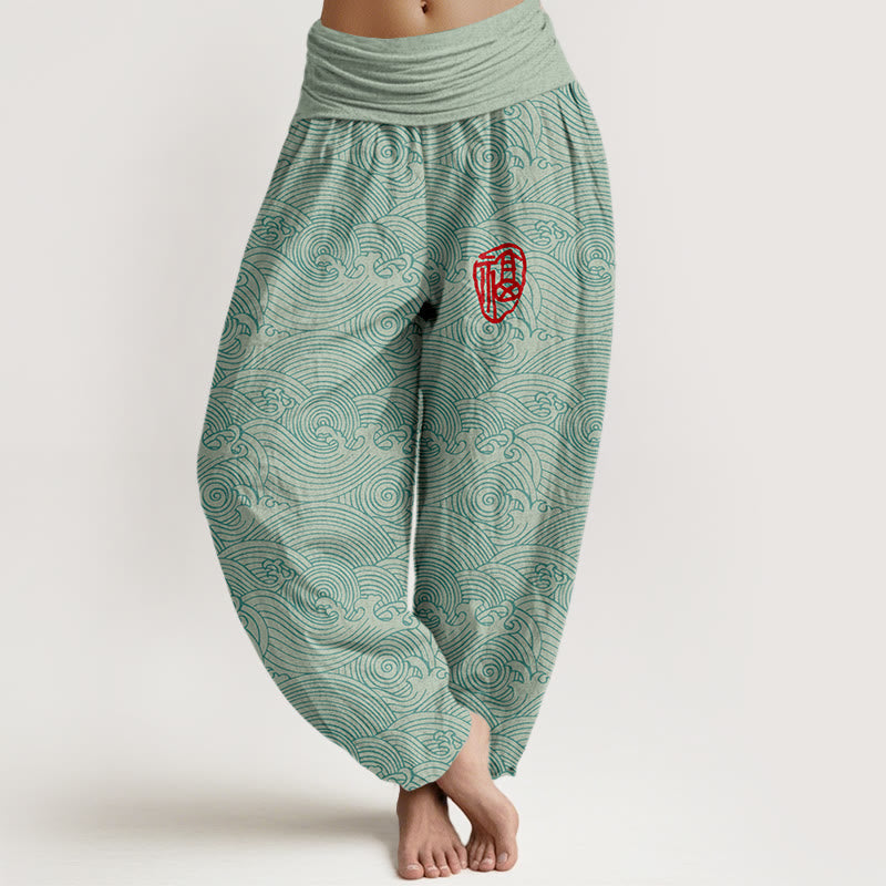 Nimara Ritual Pure Cotton Fu Character Ocean Waves Women's Elastic Waist Harem Pants
