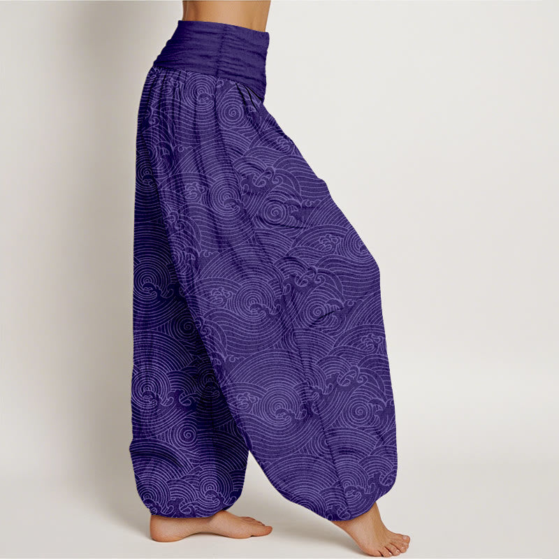 Nimara Ritual Pure Cotton Fu Character Ocean Waves Women's Elastic Waist Harem Pants