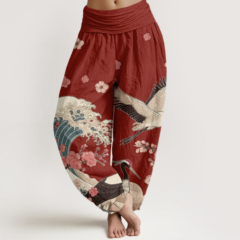 Nimara Ritual Pure Cotton Cranes Peach Blossoms Ocean Women's Elastic Waist Harem Pants