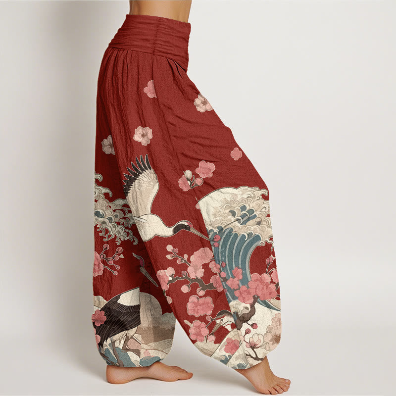 Nimara Ritual Pure Cotton Cranes Peach Blossoms Ocean Women's Elastic Waist Harem Pants