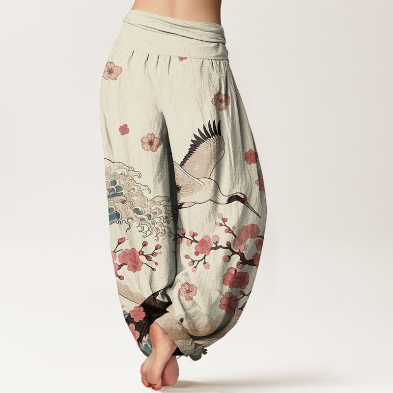 Nimara Ritual Pure Cotton Cranes Peach Blossoms Ocean Women's Elastic Waist Harem Pants