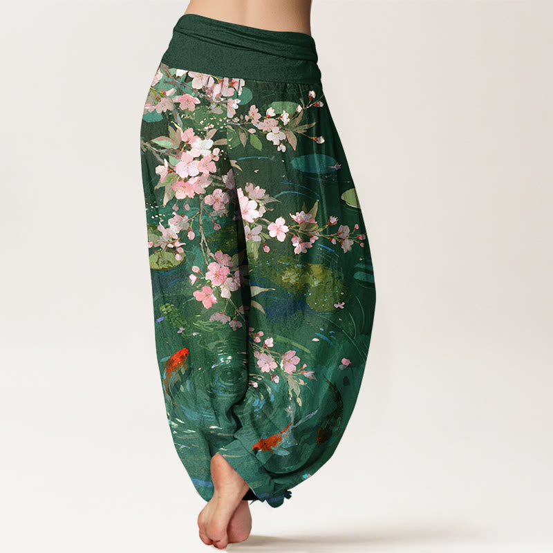 Nimara Ritual Pure Cotton Sakura Blossoms Koi Fish Lotus Leaves Women's Elastic Waist Harem Pants