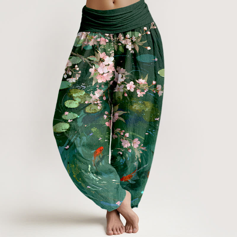Nimara Ritual Pure Cotton Sakura Blossoms Koi Fish Lotus Leaves Women's Elastic Waist Harem Pants