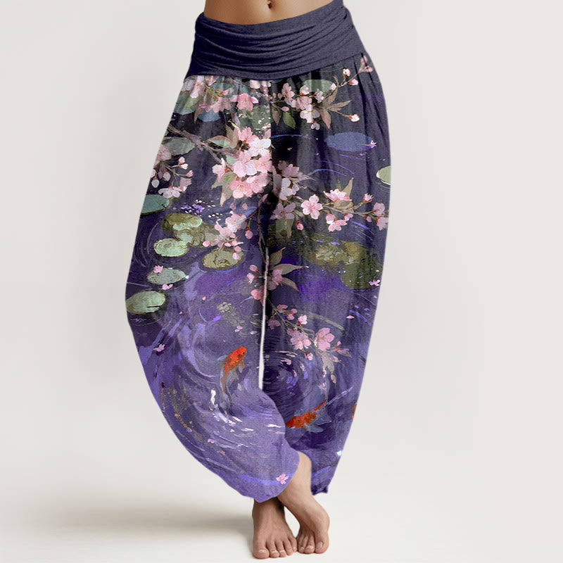 Nimara Ritual Pure Cotton Sakura Blossoms Koi Fish Lotus Leaves Women's Elastic Waist Harem Pants