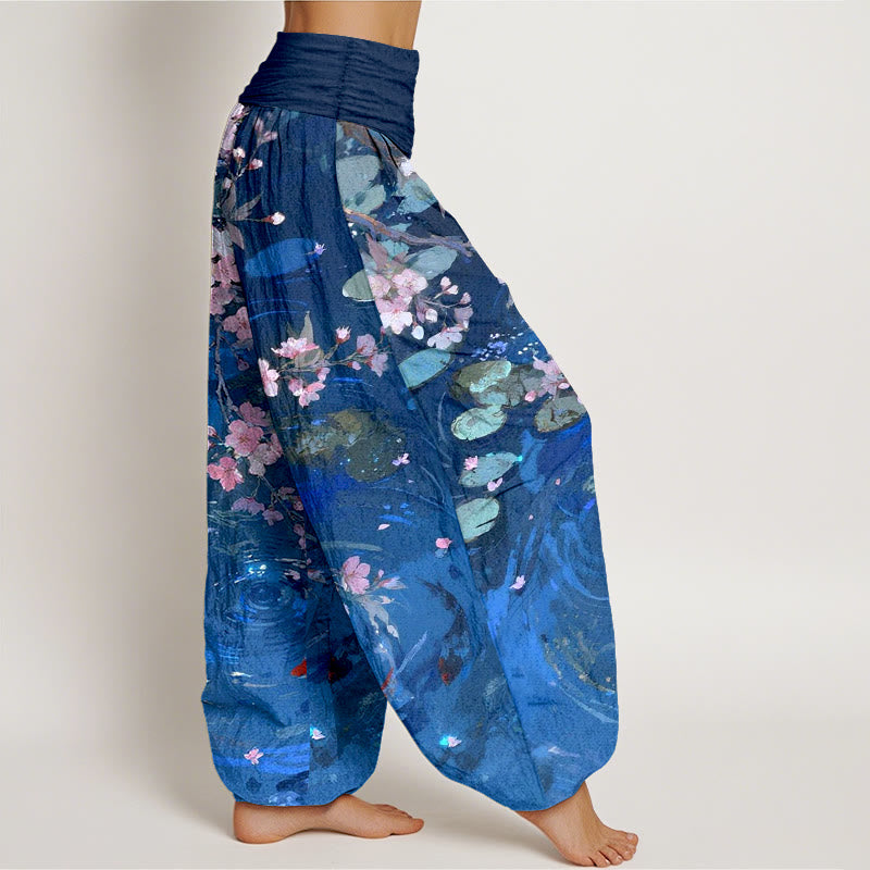Nimara Ritual Pure Cotton Sakura Blossoms Koi Fish Lotus Leaves Women's Elastic Waist Harem Pants