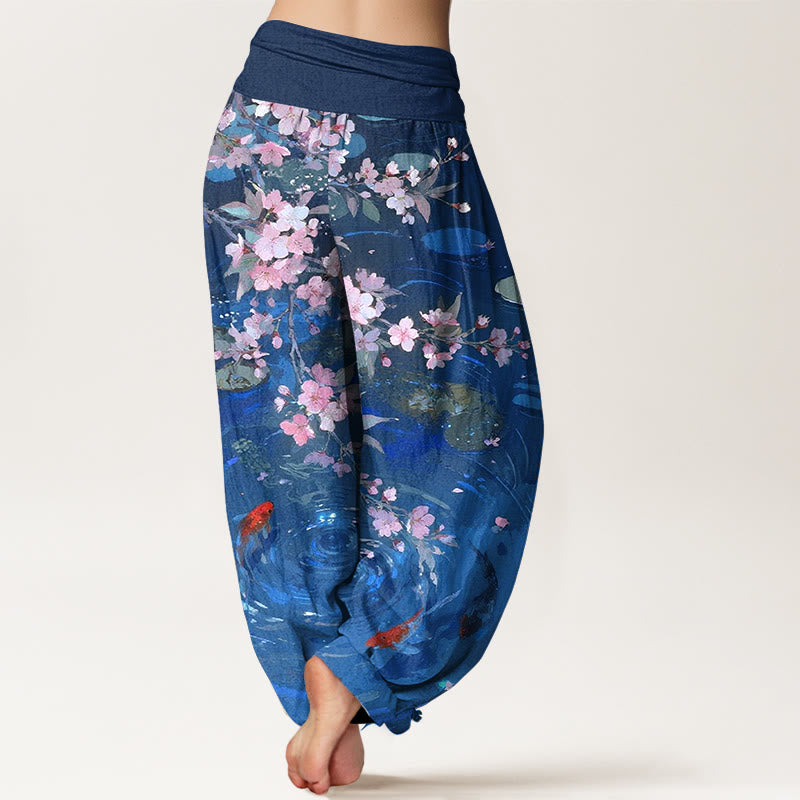 Nimara Ritual Pure Cotton Sakura Blossoms Koi Fish Lotus Leaves Women's Elastic Waist Harem Pants