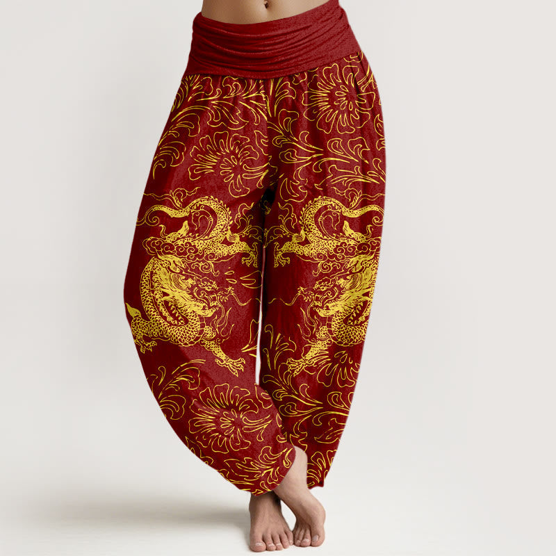 Nimara Ritual Pure Cotton Dragon Floral Women's Elastic Waist Harem Pants