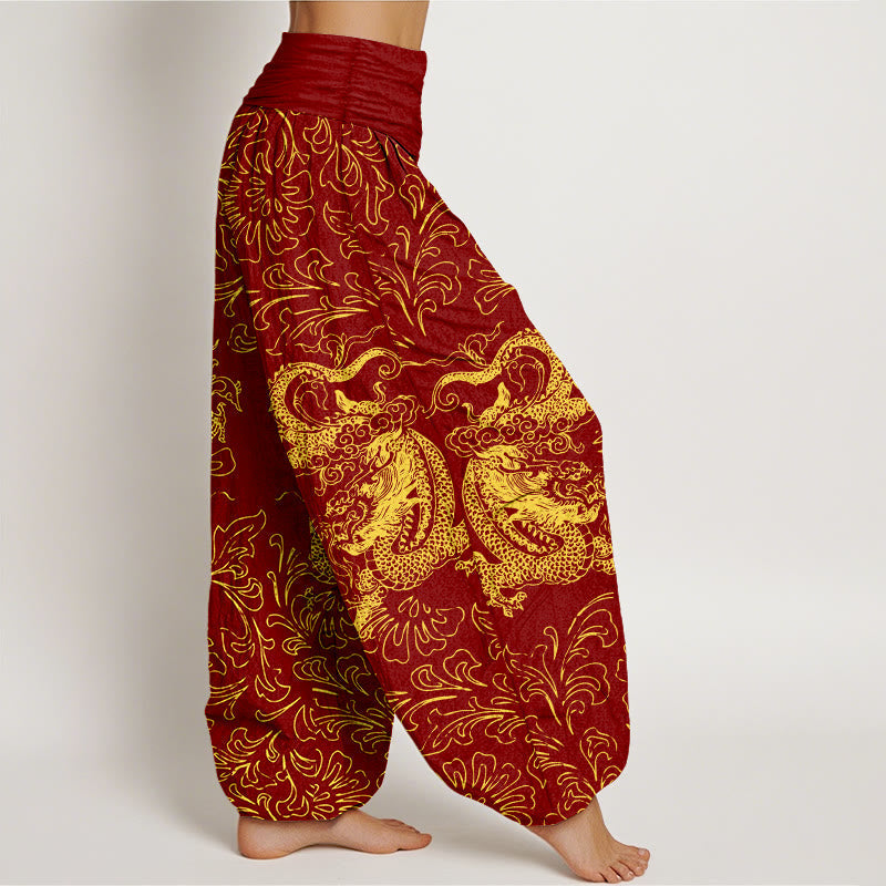 Nimara Ritual Pure Cotton Dragon Floral Women's Elastic Waist Harem Pants
