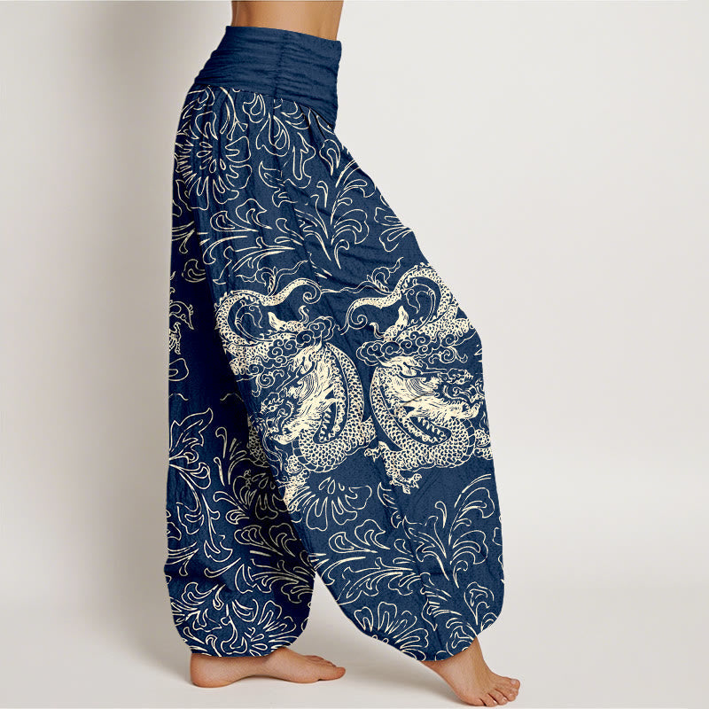 Nimara Ritual Pure Cotton Dragon Floral Women's Elastic Waist Harem Pants