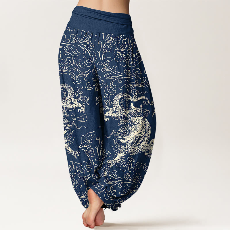 Nimara Ritual Pure Cotton Dragon Floral Women's Elastic Waist Harem Pants