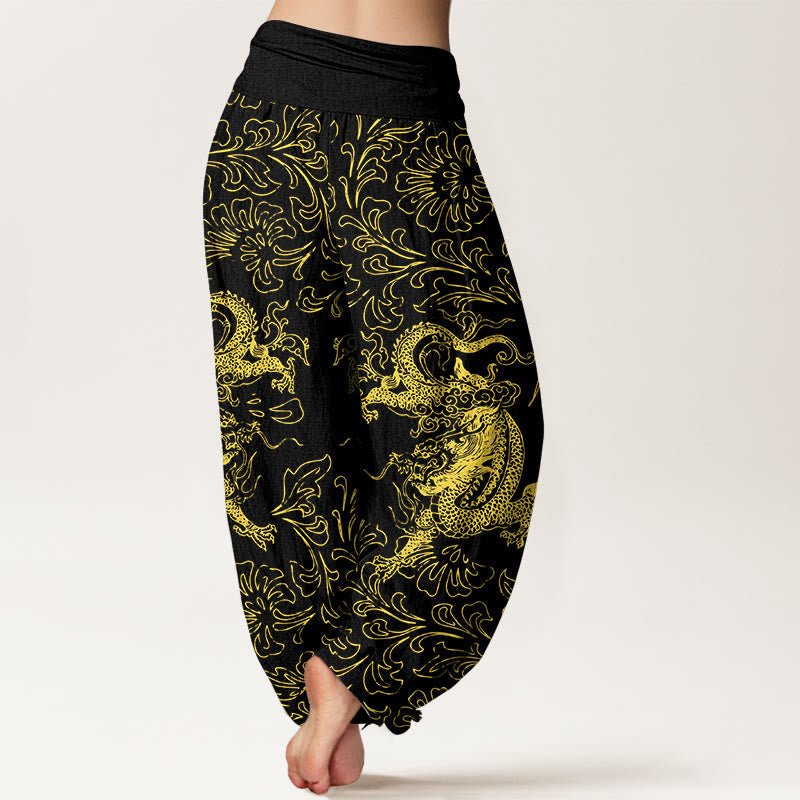 Nimara Ritual Pure Cotton Dragon Floral Women's Elastic Waist Harem Pants