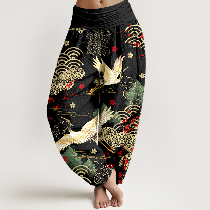 Nimara Ritual Print Crane Auspicious Clouds Flowers Pattern Women's Elastic Waist Harem Cotton Pants