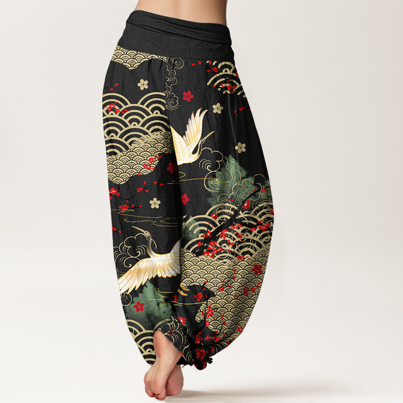 Nimara Ritual Print Crane Auspicious Clouds Flowers Pattern Women's Elastic Waist Harem Cotton Pants