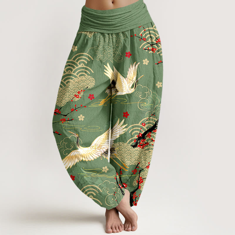 Nimara Ritual Print Crane Auspicious Clouds Flowers Pattern Women's Elastic Waist Harem Cotton Pants