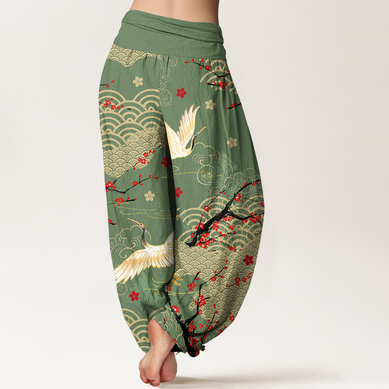 Nimara Ritual Print Crane Auspicious Clouds Flowers Pattern Women's Elastic Waist Harem Cotton Pants
