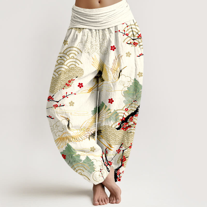 Nimara Ritual Print Crane Auspicious Clouds Flowers Pattern Women's Elastic Waist Harem Cotton Pants