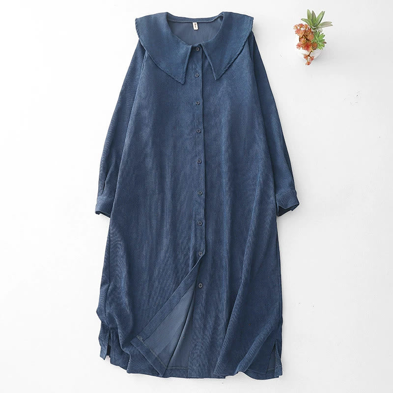 Nimara Ritual Fall Plain Buttons Design Long Sleeve Corduroy Midi Dress With Pockets