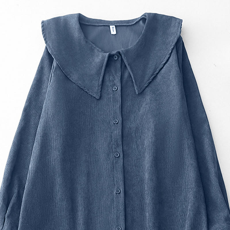 Nimara Ritual Fall Plain Buttons Design Long Sleeve Corduroy Midi Dress With Pockets