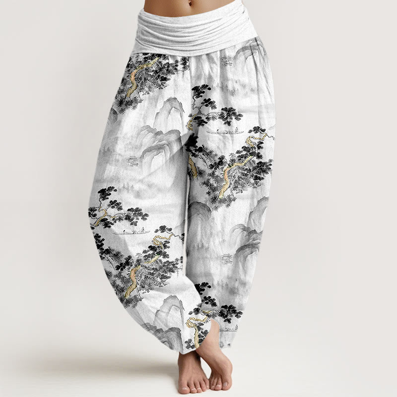 Nimara Ritual Print Pine Trees Mountains Pattern Pure Cotton Women's Elastic Waist Harem Pants