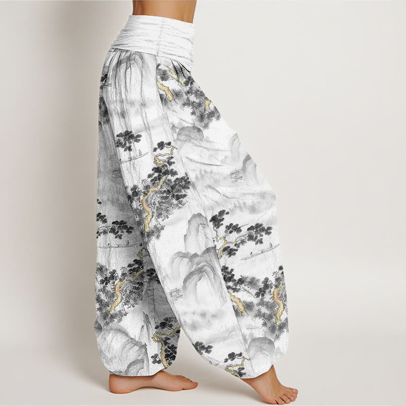 Nimara Ritual Print Pine Trees Mountains Pattern Pure Cotton Women's Elastic Waist Harem Pants