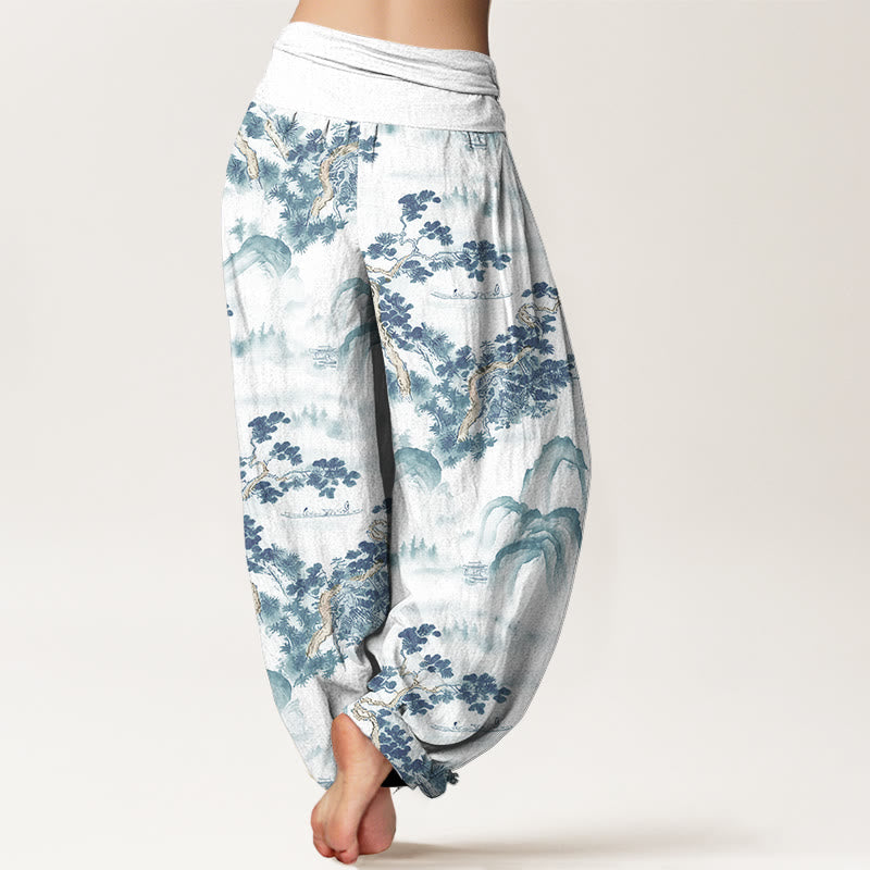 Nimara Ritual Print Pine Trees Mountains Pattern Pure Cotton Women's Elastic Waist Harem Pants