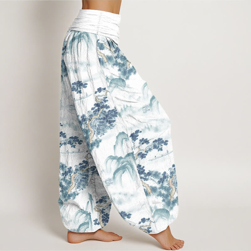 Nimara Ritual Print Pine Trees Mountains Pattern Pure Cotton Women's Elastic Waist Harem Pants