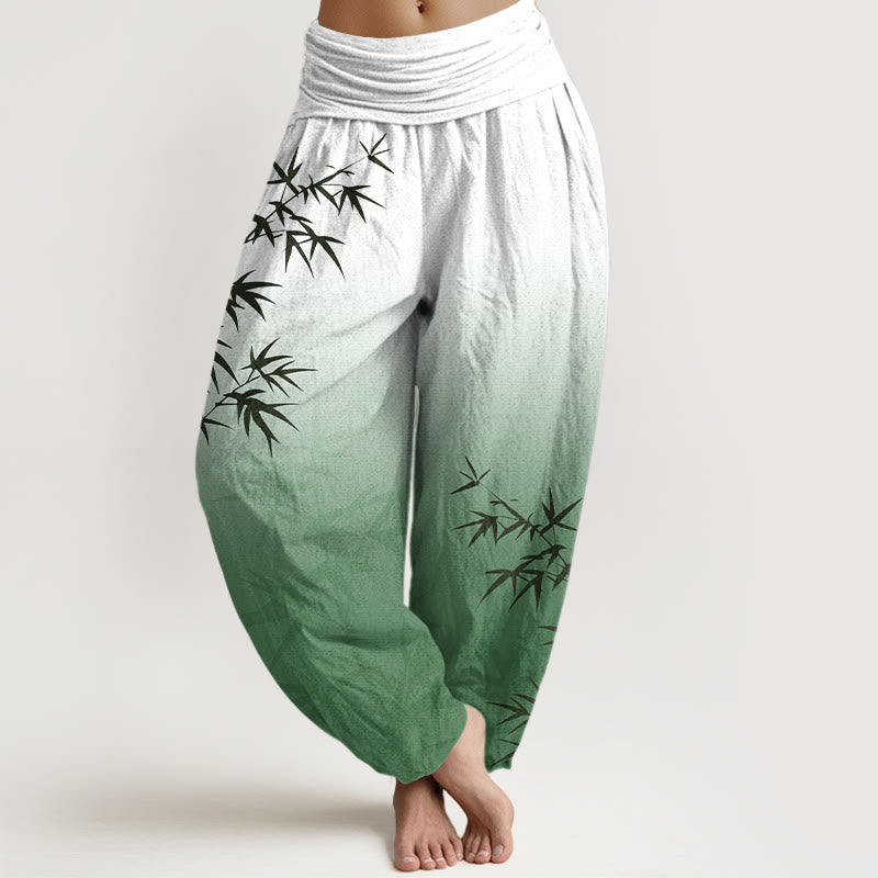 Nimara Ritual Casual Bamboo Leaves Gradient Pattern Pure Cotton Women's Elastic Waist Harem Pants