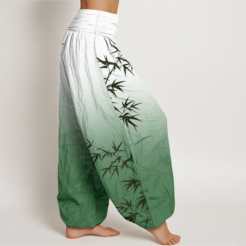 Nimara Ritual Casual Bamboo Leaves Gradient Pattern Pure Cotton Women's Elastic Waist Harem Pants