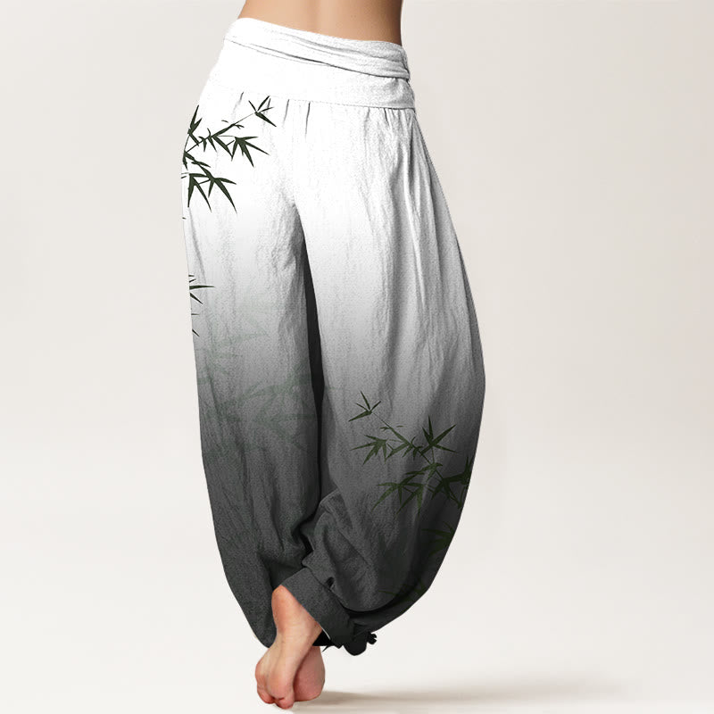 Nimara Ritual Casual Bamboo Leaves Gradient Pattern Pure Cotton Women's Elastic Waist Harem Pants