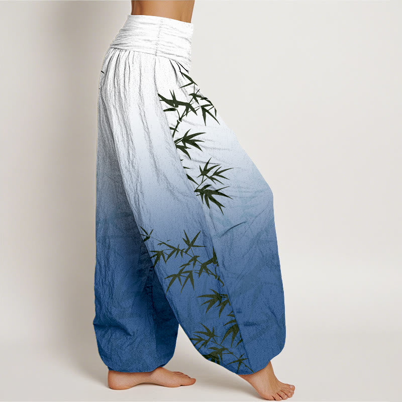 Nimara Ritual Casual Bamboo Leaves Gradient Pattern Pure Cotton Women's Elastic Waist Harem Pants