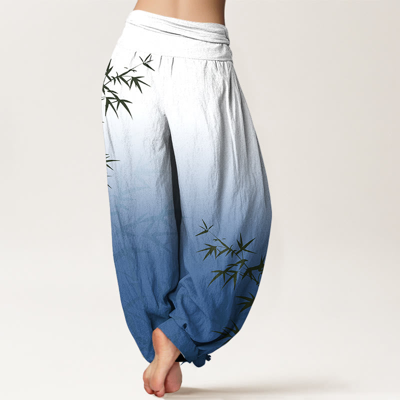 Nimara Ritual Casual Bamboo Leaves Gradient Pattern Pure Cotton Women's Elastic Waist Harem Pants
