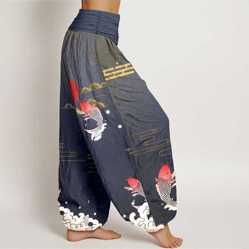 Nimara Ritual Koi Fish Red Sun Waves Clouds Pattern Women's Elastic Waist Harem Pure Cotton Pants