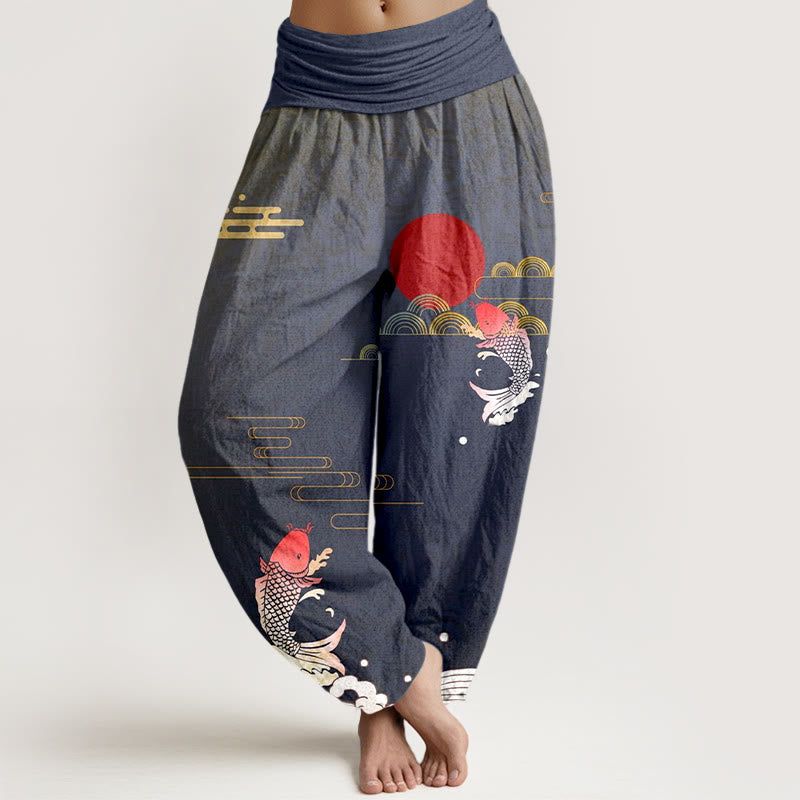 Nimara Ritual Koi Fish Red Sun Waves Clouds Pattern Women's Elastic Waist Harem Pure Cotton Pants