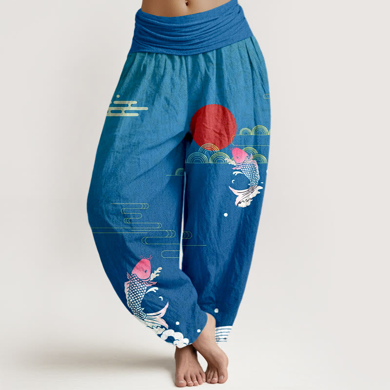 Nimara Ritual Koi Fish Red Sun Waves Clouds Pattern Women's Elastic Waist Harem Pure Cotton Pants