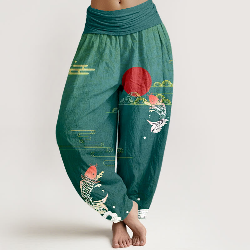 Nimara Ritual Koi Fish Red Sun Waves Clouds Pattern Women's Elastic Waist Harem Pure Cotton Pants