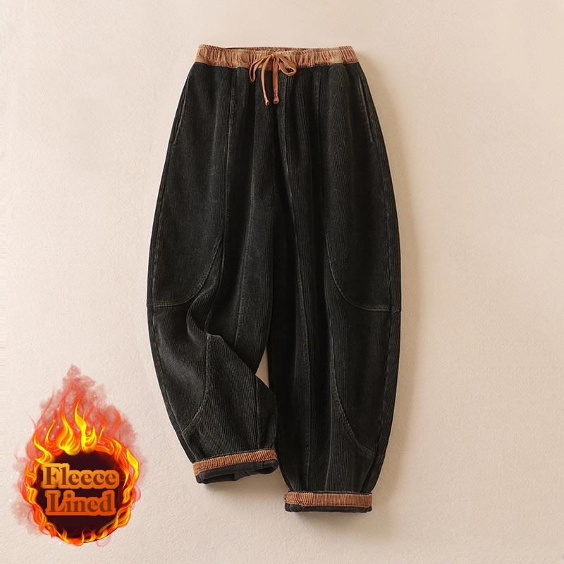 Nimara Ritual Color Contrast Corduroy Cotton Women's Thermal Fleece-Lined Harem Pants With Pockets
