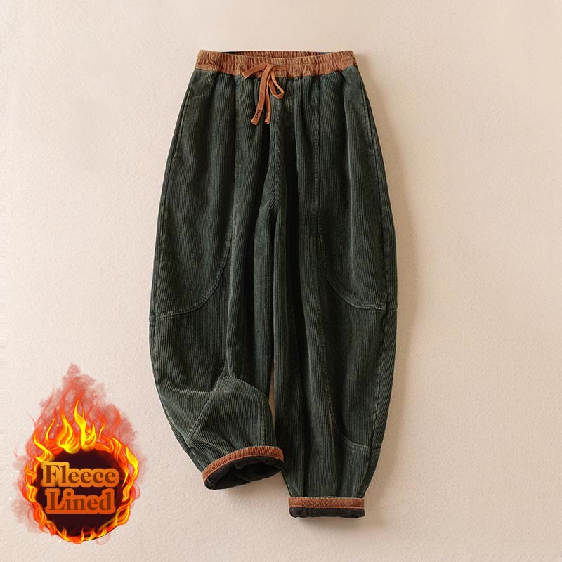 Nimara Ritual Color Contrast Corduroy Cotton Women's Thermal Fleece-Lined Harem Pants With Pockets