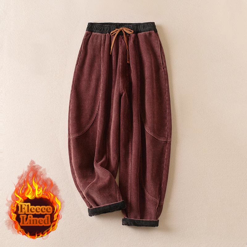 Nimara Ritual Color Contrast Corduroy Cotton Women's Thermal Fleece-Lined Harem Pants With Pockets