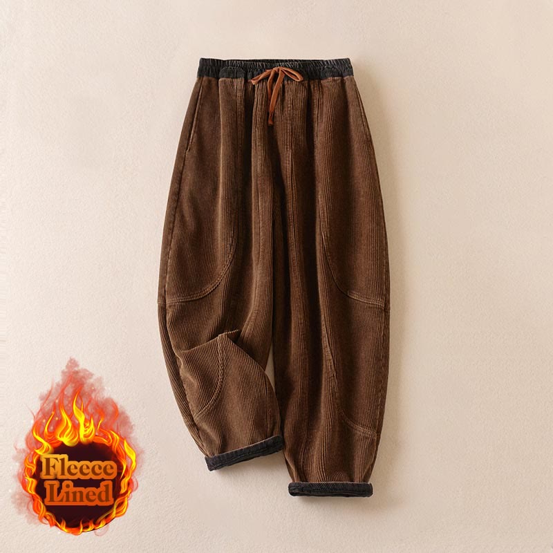Nimara Ritual Color Contrast Corduroy Cotton Women's Thermal Fleece-Lined Harem Pants With Pockets