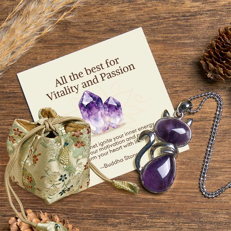 Nimara Ritual "All the best for Calm and Wisdom" Cat Amethyst Necklace Includes Gift Message Card