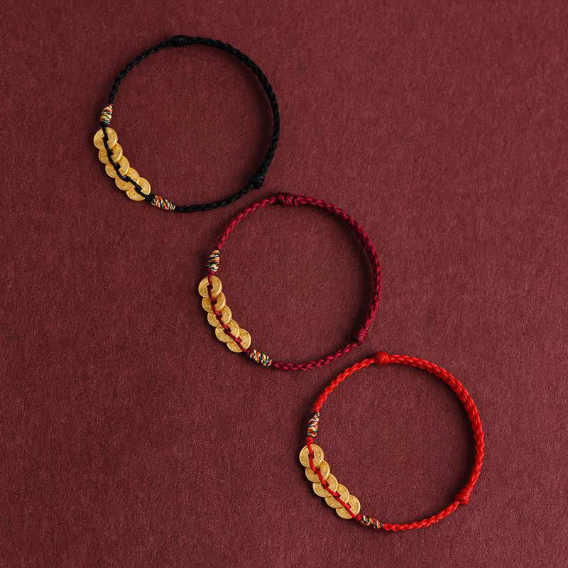 Nimara Ritual Five Copper Coins Design Braided String Protection Bracelet Anklet