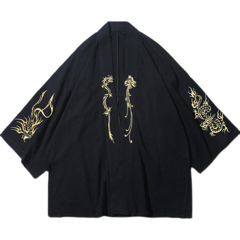 Nimara Ritual Dragon Phoenix Open Front Long Sleeve Jacket Men's Cotton Kimono
