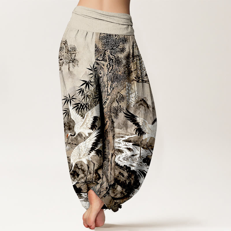 Nimara Ritual Pure Cotton Red-crowned Crane Stream Pattern Women's Elastic Waist Harem Pants
